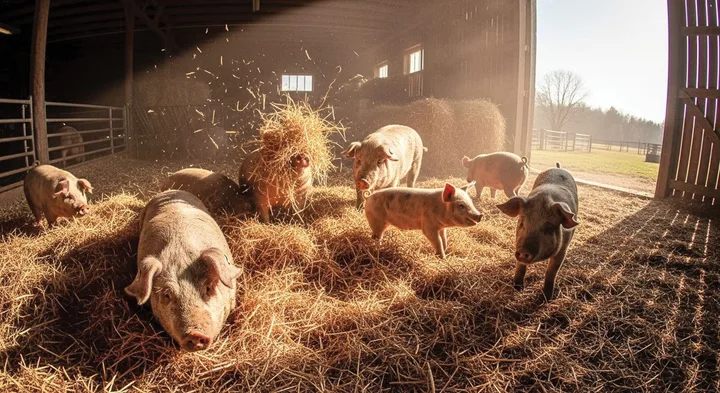 Porci domestici în fermă, simbolizând problema porcilor sălbatici.
