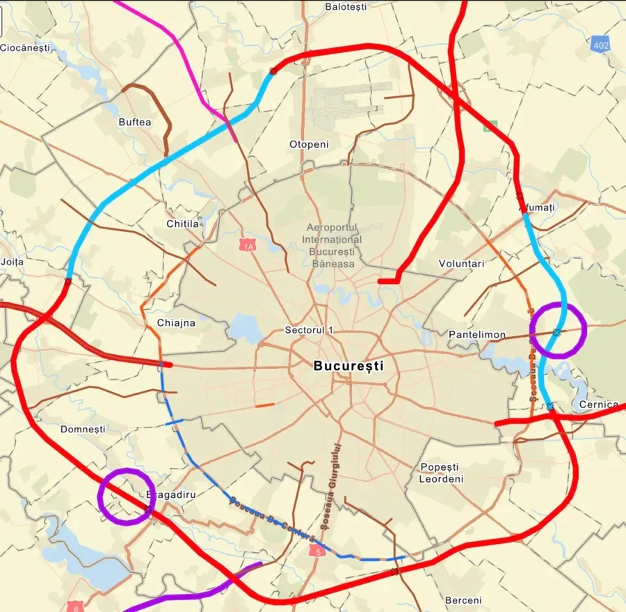 Harta care ilustrează stadiul lucrărilor la autostrada A0 Nord