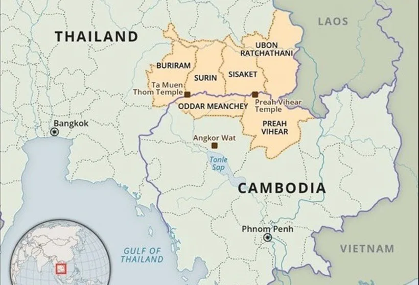 Harta Thailandei și Cambodgiei, evidențiind regiuni și temple importante.