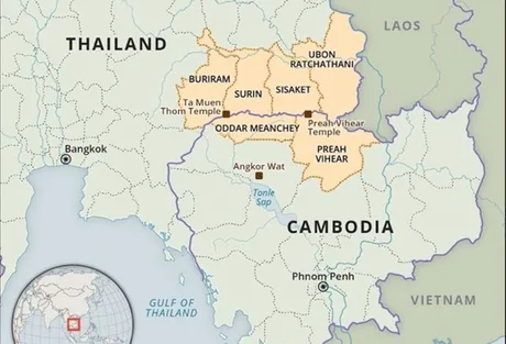 Harta Thailandei și Cambodgiei, evidențiind regiuni și temple importante.