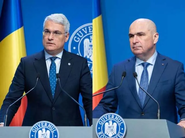 Dragoș Pîslaru și Ilie Bolojan la o conferință de presă despre reformele administrative.