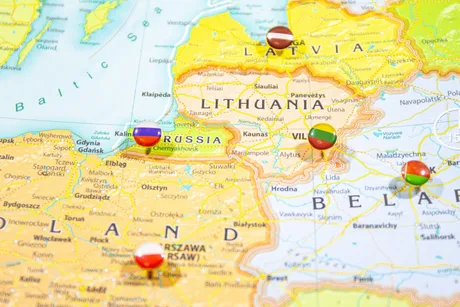 Harta regiunii Kaliningrad, evidențiind poziția sa strategică în Europa.