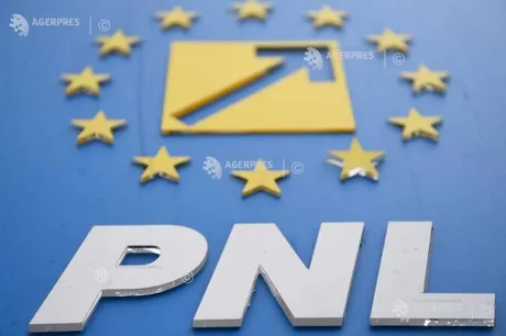 Sigla PNL pe un fundal albastru, cu stele galbene în jur.