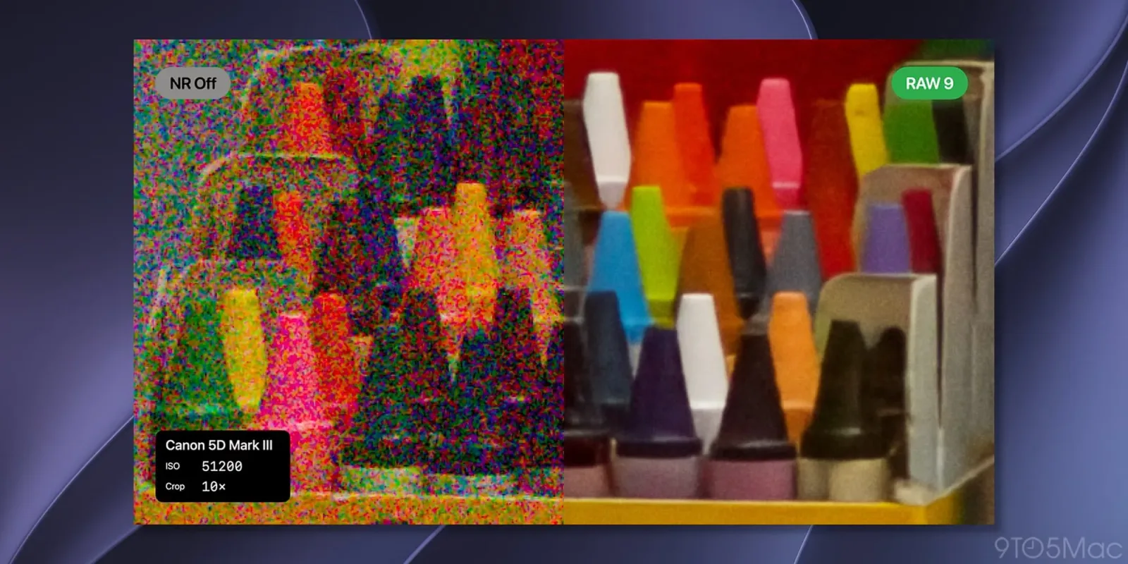 Compararea detaliilor între fișierele RAW 8 și RAW 9.