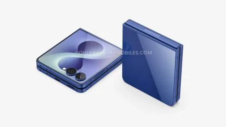 Designul elegant al telefonului pliabil Galaxy Z Flip 8 în nuanțe de albastru.