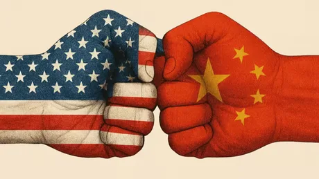 Mâini simbolizând tensiuni între SUA și China, cu steagurile celor două țări.