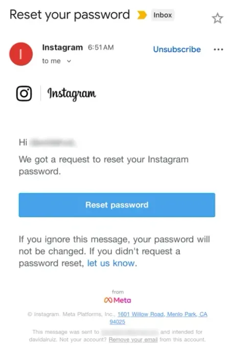 Ecran de resetare a parolei pentru contul de Instagram.