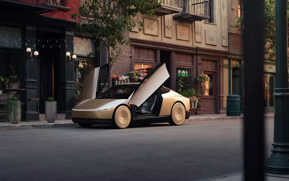 Cybercab Tesla, mașină electrică eficientă, cu uși deschise pe stradă.