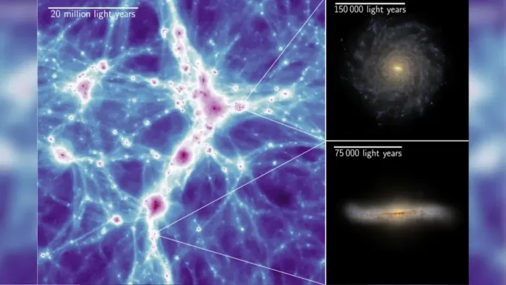 Rețele cosmice cu galaxii, evidențiind structuri intergalactice.