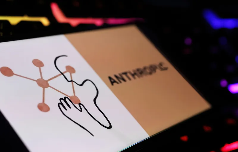 Logo Anthropic pe un ecran, cu un fundal colorat și detalii abstracte.