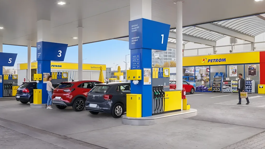 Stație de alimentare Petrom cu clienți și mașini parcate.
