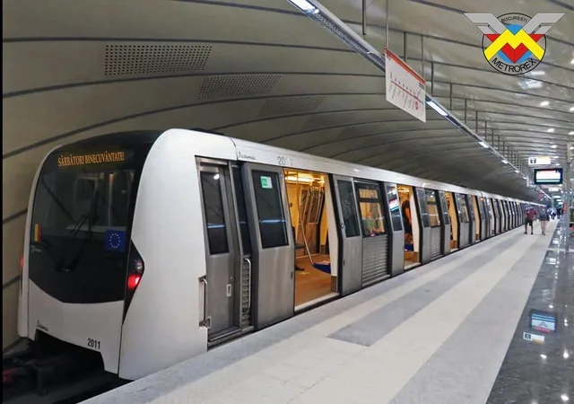 Tren de metrou în stație, pregătit pentru plecare.