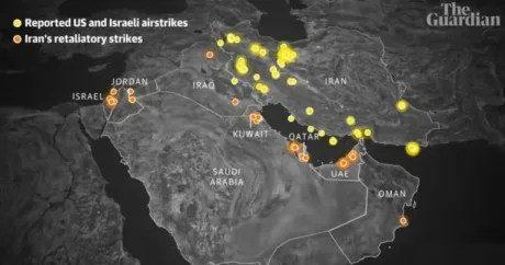 Harta tensiunilor geopolitice din Orientul Mijlociu, evidențiind atacurile raportate.