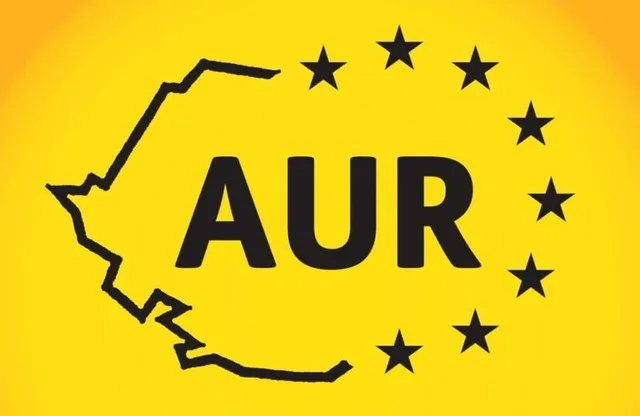 Logo-ul AUR pe fundal galben, cu stele și conturul României.