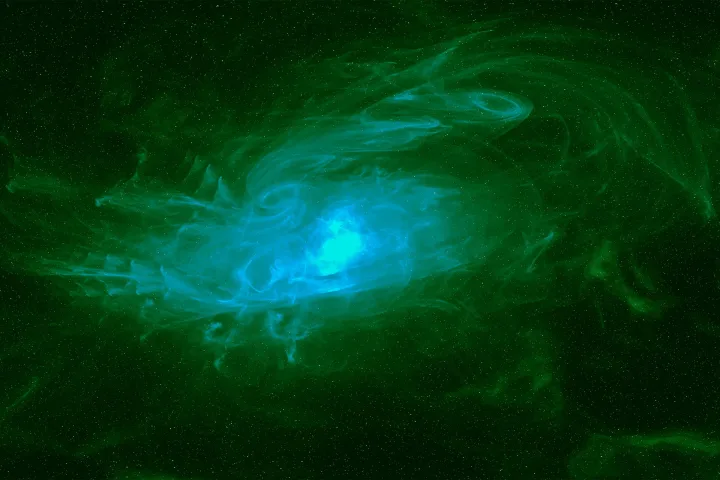 O nebuloasă cosmică cu nuanțe de verde și albastru strălucitor.