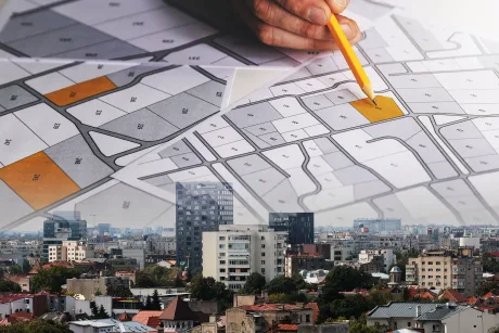 Harta imobiliară cu zone marcate, evidențiind activitatea cadastrală.