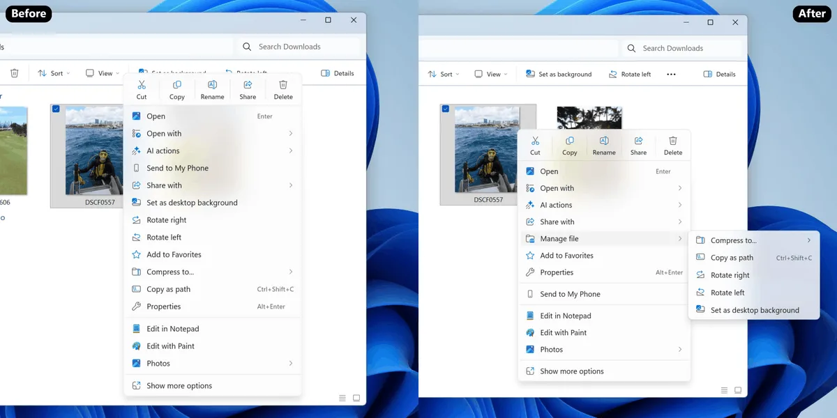 Meniul de clic dreapta din Windows 11 va fi optimizat pentru o experiență mai rapidă și personalizată.