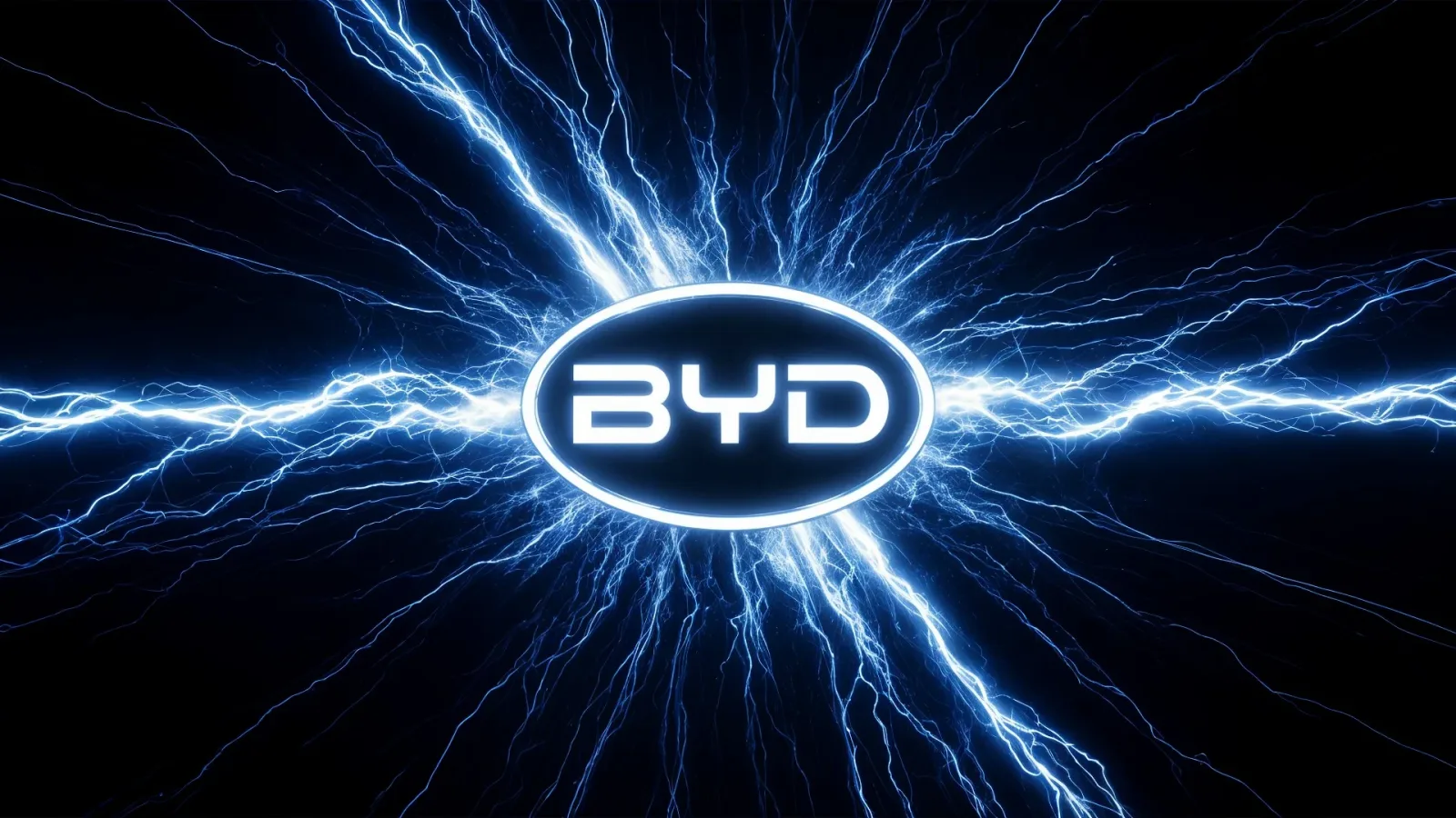 Logo BYD cu efecte electrice, simbolizând inovația în robotică.