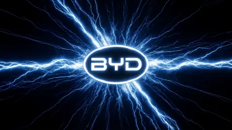 Logo BYD cu efecte electrice, simbolizând inovația în robotică.