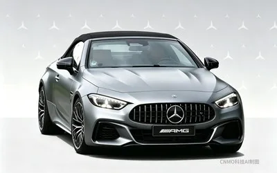 Randare AI a modelului Mercedes-AMG SL 2027 cu design modern și faruri distinctive.