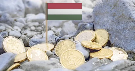 Steag al Ungariei și monede pe fundal de pietriș.