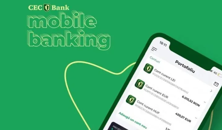 Interfața aplicației mobile CEC Bank pentru gestionarea conturilor.