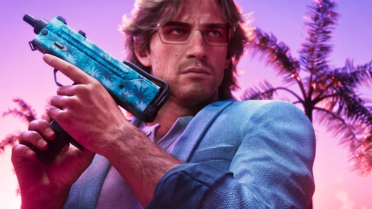 Un personaj din GTA 6 ținând o armă, cu un fundal vibrant și palmieri.
