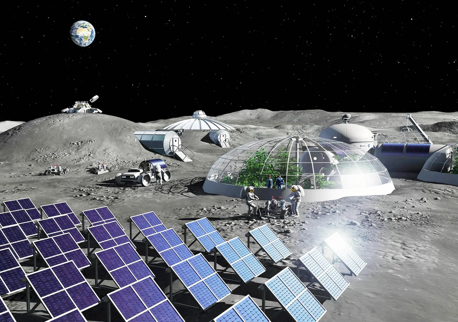 Peisaj lunar cu structuri futuriste și panouri solare, exploratori în acțiune.
