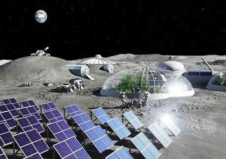 Peisaj lunar cu structuri futuriste și panouri solare, exploratori în acțiune.