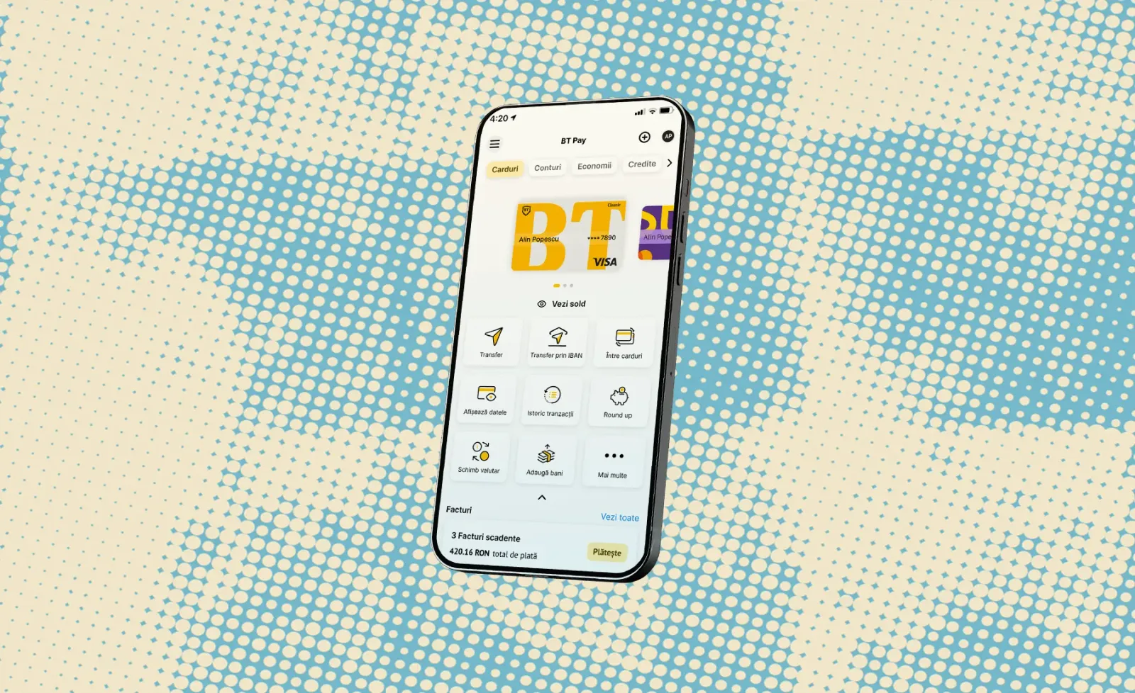 Aplicația BT Pay pe un telefon mobil, oferind servicii bancare moderne.