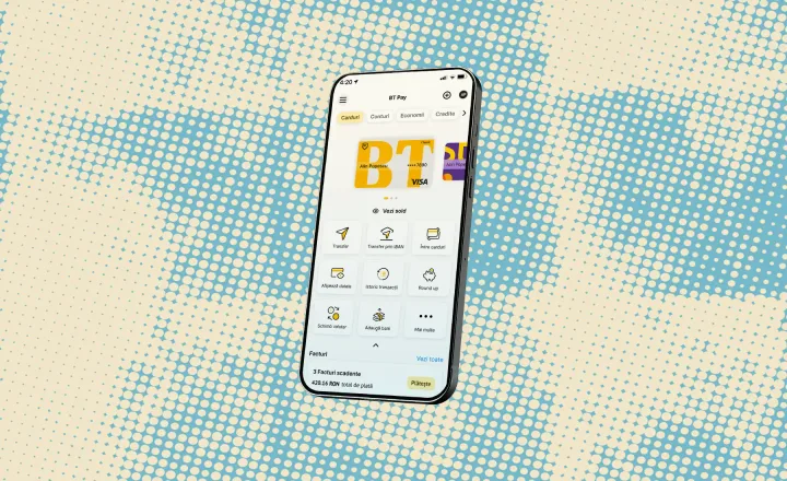Aplicația BT Pay pe un telefon mobil, oferind servicii bancare moderne.