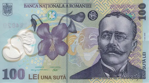 Bancnotă de 100 lei cu portretul lui Mihai Eminescu și flori de violete.