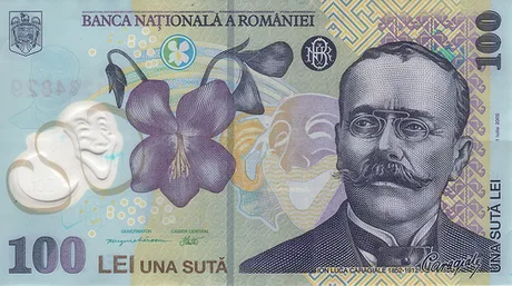 Bancnotă de 100 lei cu portretul lui Mihai Eminescu și flori de violete.