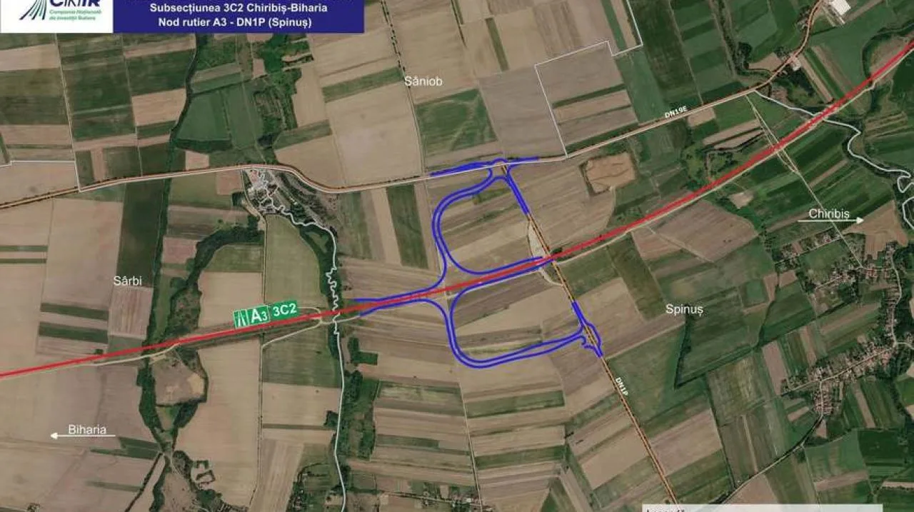 Harta nodului rutier Spinuș, evidențiind conexiunea cu Autostrada Transilvania.