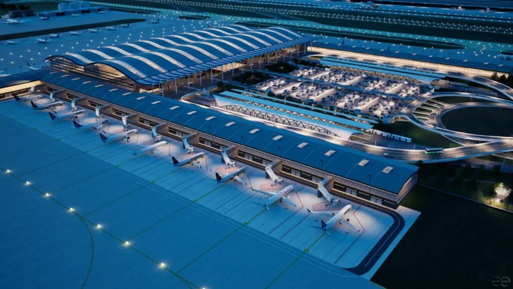 Viziune aeriană a noului terminal de la Aeroportul Otopeni
