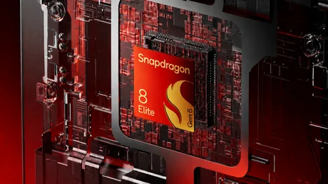 Cip Qualcomm Snapdragon 8 Elite Gen 6 Pro pe fundal roșu, detalii tehnice vizibile.