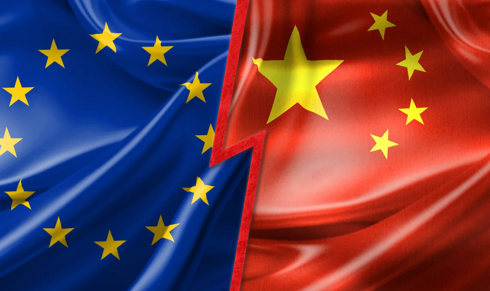 Steagurile Uniunii Europene și Chinei, simbolizând relațiile comerciale complexe.