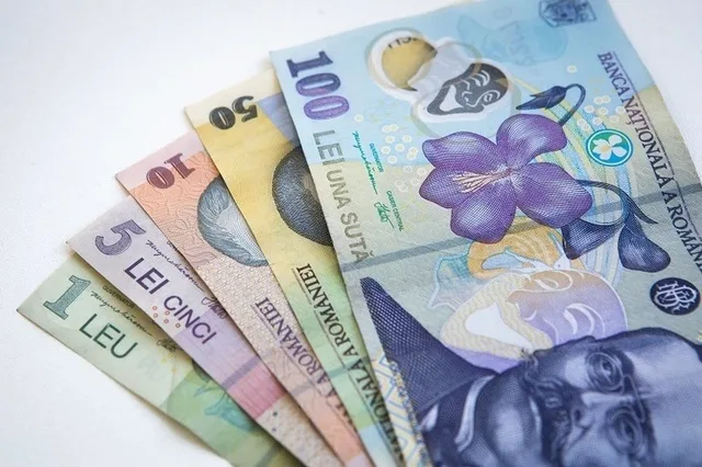 Bancnote românești de diferite valori pe o suprafață albă.