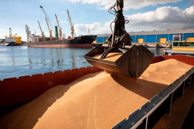 Încărcare de cereale în port, cu nave și macarale în fundal.