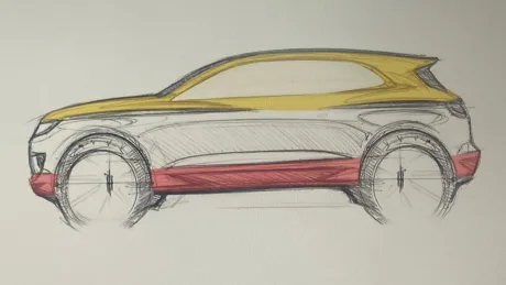 Schiță a unui SUV electric inovator, cu design modern și culori vibrante.
