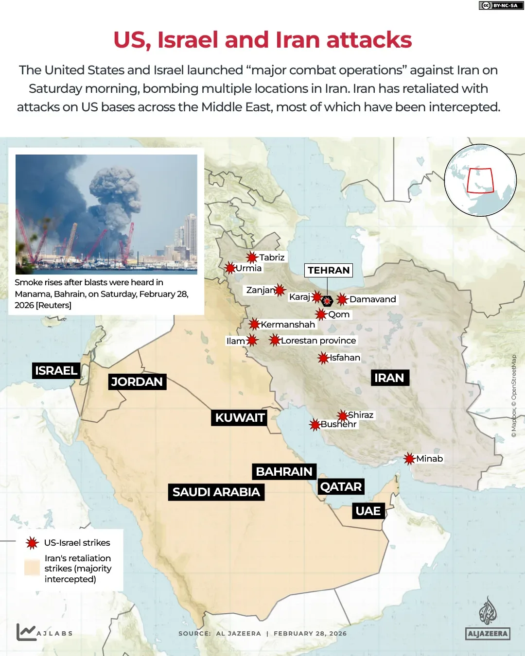 Harta atacurilor din Iran, Israel și SUA din 28 februarie 2026.