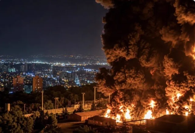 Flăcări și fum dens în urma unui atac asupra unei instalații militare din Iran.