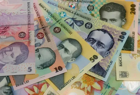 Bancnote românești de diferite valori, ilustrând leul românesc.
