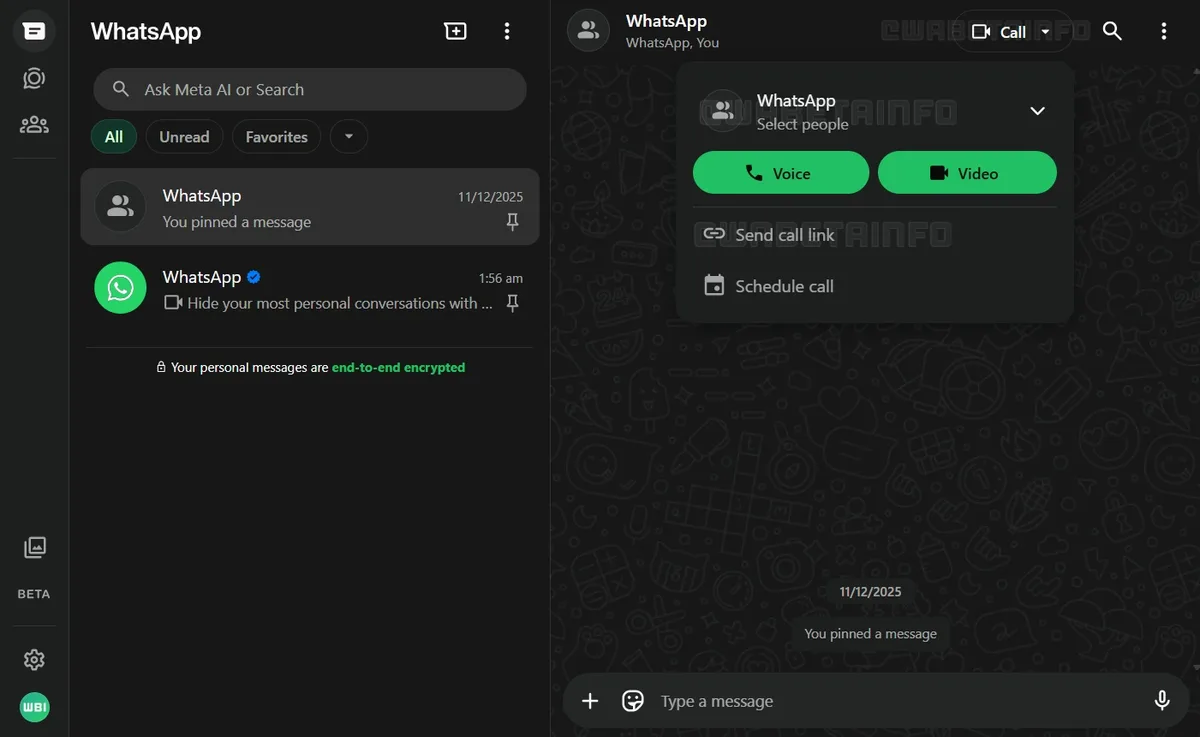 Interfața WhatsApp Web cu opțiuni pentru apeluri de voce și video