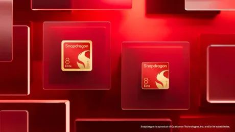 Cipuri mobile Snapdragon pe fundal roșu, evidențiind inovația tehnologică.