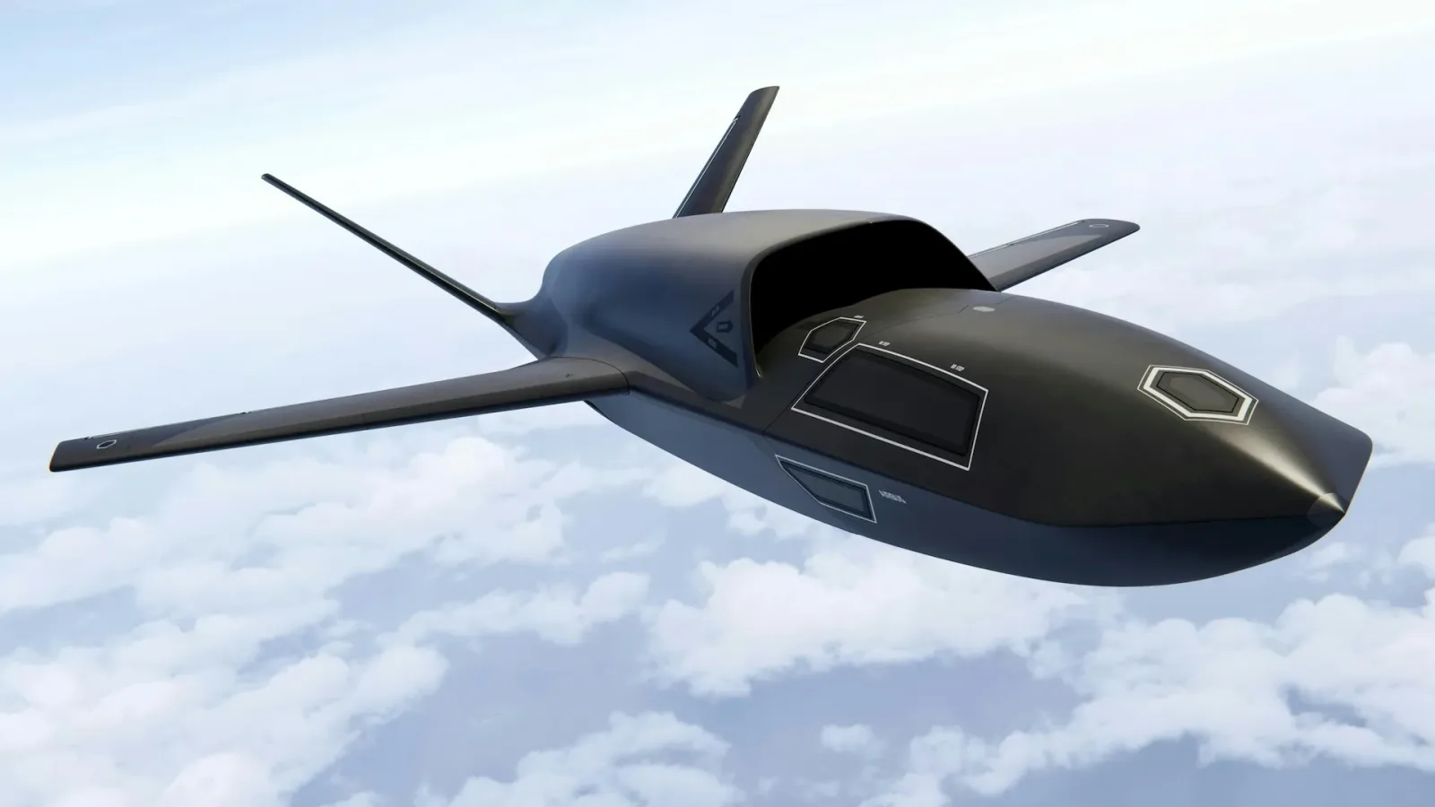 Drona U760 Ravenstorm zburând deasupra norilor, cu un design futurist.