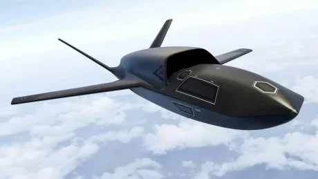 Drona U760 Ravenstorm zburând deasupra norilor, cu un design futurist.