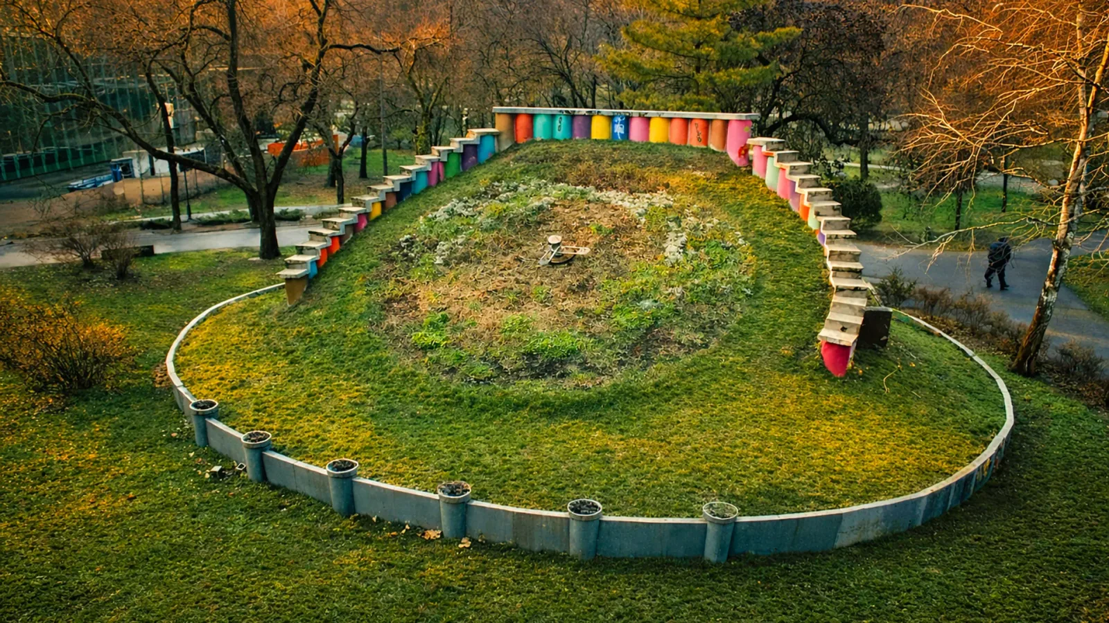 Spațiu verde amenajat cu trepte colorate și plante pe un deal mic.