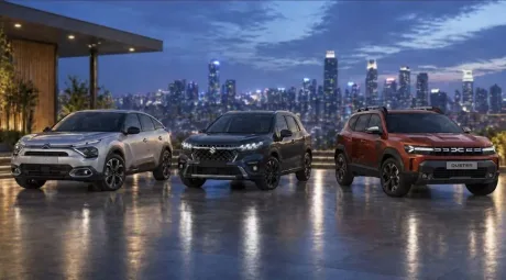 Dacia Duster și Bigster expuse într-un showroom auto modern.