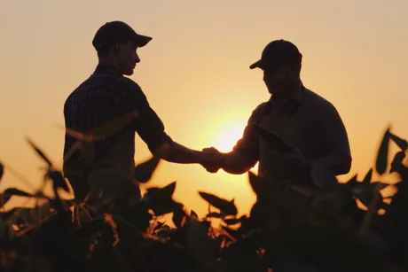 Colaborare între fermieri la apus, simbolizând sprijinul pentru dezvoltarea agriculturii.